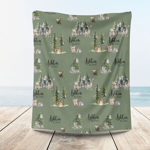 Custom Woodland Blanket, Wildlife Name Blanket, Woodland Theme Nursery Decor, Personalized Forest Animal Blanket, Name Blanket for Kids