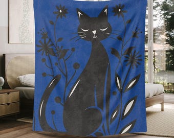 黒猫ミンキーブランケット、花柄シルエット、猫好きへのギフト