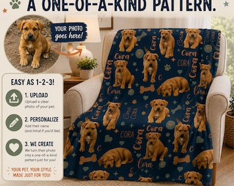 Custom Pet Photo Blanket, Personalized Dog Blanket with Name, Custom Pet Portrait Blanket, Dog Lover Gift, Puppy Photo Blanket