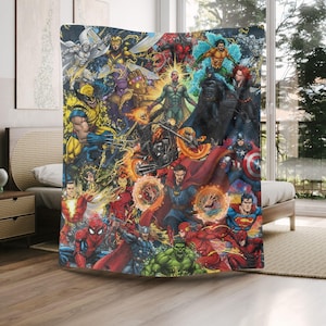 May include: A colorful blanket featuring a collage of comic book superheroes. The design includes characters like Spider-Man, Batman, Superman, and the Hulk, among others. The blanket is draped over a bed, showcasing the vibrant artwork.