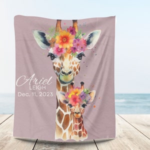 Personalized Giraffe Baby Blanket Name Birthdate, Giraffe Nursery Blanket Boy Girl Safari Nursery Decor Baby Shower Gifts For New Mom