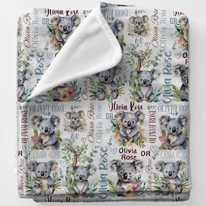 Personalized Koala Bear Name Blanket, Velveteen Blanket, Custom Throw Blanket, Soft Cozy Blanket, Gift for Animal Lover, Baby Shower Gift