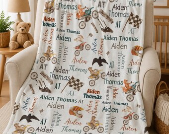 Personalisierte Dirtbike-Babydecke, individuelle Babydecke mit Namen, Motorrad-Kinderzimmerdeko, Geschenk zur Babyparty, Weihnachtsgeschenk, Geburtstagsgeschenk