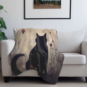 May include: A black cat silhouette with a long tail sits in a field of tall grass with red flowers. The background is a soft, faded watercolor wash.