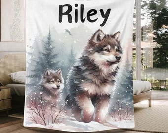 Personalized Wolf Blanket: Animal Print Throw, Wildlife Nursery Decor
