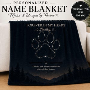 May include: A personalized navy blue blanket with the text "NAME BLANKET" and "Make it Uniquely Theirs". It features a paw print design with the name "Bailey" and the phrase "FOREVER IN MY HEART". The blanket also has the text "You left paw prints on my heart that will last forever."