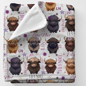 Personalized Baby Girl Highland Cow Blanket, Baby Name Blanket, Custom Name Blanket, Highland Cow Baby Blanket, Newborn Girl Gift,