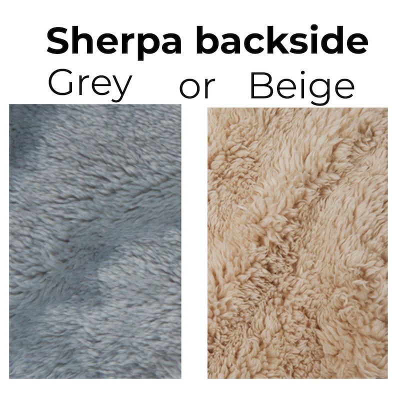 May include: Image showing two Sherpa backside fabric options: grey and beige. The text "Sherpa backside Grey or Beige" is at the top of the image. The grey fabric is on the left, and the beige fabric is on the right.