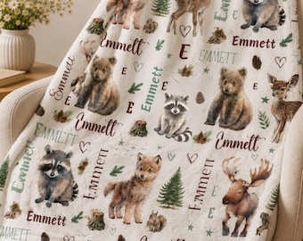 Woodland Animal Blanket Personalized Baby Blanket Custom Baby Name Blanket Toddler Fluffy Baby Blanket Forest Friends Baby Shower Gift