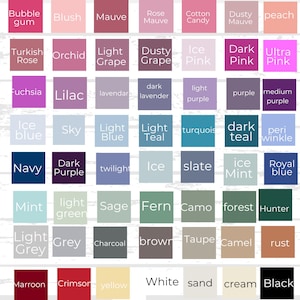 以下が含まれることがあります： Bubblegum, Blush, Mauve, Rose Mauve, Cotton Candy, Dusty Mauve, Peach, Turkish Rose, Orchid, Light Grape, Dusty Grape, Ice Pink, Dark Pink, Ultra Pink, Fuchsia, Lilac, Lavendar, Dark Lavender, Light Purple, Purple, Medium Purple, Ice Blue, Sky, Light Blue, Light Teal, Turquoise, Dark Teal, Periwinkle, Navy, Dark Purple, Twilight, Ice, Slate, Ice Mint, Royal Blue, Mint, Light Green, Sage, Fern, Camo, Forest, Hunter, Light Grey, Grey, Charcoal, Brown, Taupe, Camel, Rust, Maroon, Crimson, Yellow, White, Sand, Cream, Blackという色名が記された49個の正方形のカラーチャート。