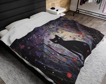 Mystical Cat Fleece Blanket: Boho Cat Lover Gift