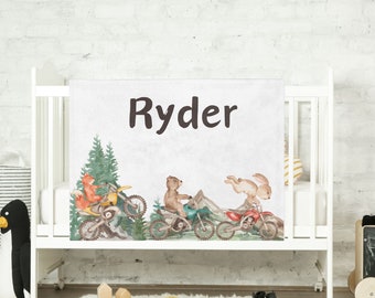 Personalized Dirt Bike Baby Blanket: Bear, Fox, Bunny Motocross