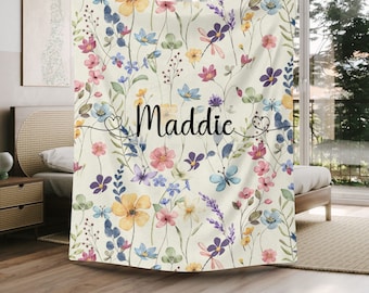 Personalized Wildflower Blanket, Floral Minky Blanket, Butterfly Flower Garden, Pressed Dried Earthy Colors, Custom Name Mother&#39;s Day Gift