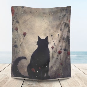 May include: A black cat silhouette sitting in a field of tall grass with red flowers. The background is a watercolor wash of beige and gray.