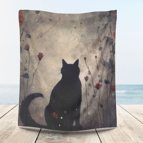 Personalized Black Cat Throw Blanket: Boho Mystical Cat Lover Gift