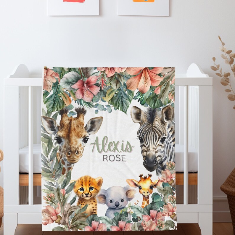 Personalized Safari Animals Baby Blanket: Jungle Girl Nursery Decor - Etsy