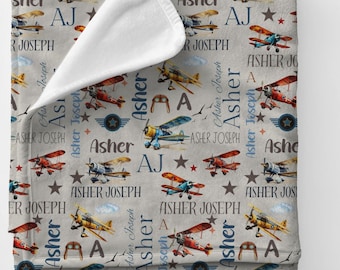 Personalized Airplane Baby Blanket: Vintage Minky Swaddle