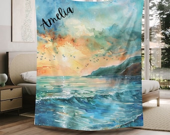 Personalized Ocean Blanket: Watercolor Beach Fleece Blanket
