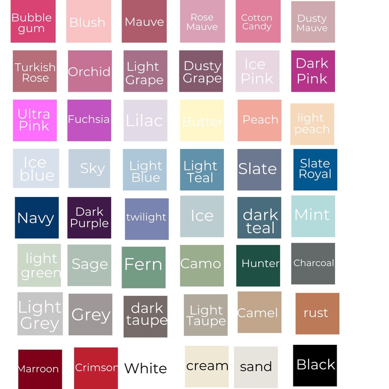 May include: A color chart featuring a grid of various color swatches with their names. Colors range from pinks and purples to blues, greens, and neutrals like white, cream, and black. Each swatch has a corresponding color name in white text.