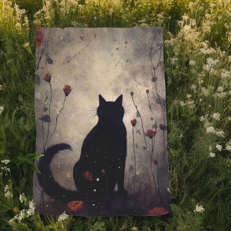 May include: A black cat silhouette with a long tail sits in a field of red flowers. The background is a soft, faded watercolor wash of gray and blue.