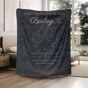 May include: A dark gray blanket with the text "FOREVER IN OUR HEARTS" and the name "Bailey" in a script font. A paw print design is featured below the name, with the dates "May 19, 2012-April 28, 2026" and the phrase "You left paw prints on our hearts that will last forever."