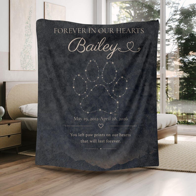 May include: A dark gray blanket with the text "FOREVER IN OUR HEARTS" and the name "Bailey" in a script font. A paw print design is featured below the name, with the dates "May 19, 2012-April 28, 2026" and the phrase "You left paw prints on our hearts that will last forever."