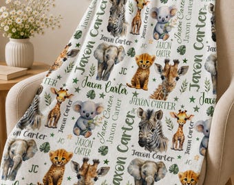 May include: A white fleece blanket featuring a repeating pattern of watercolor-style baby safari animals including zebras, elephants, giraffes, cheetahs, and koalas, interspersed with green leaves, stars, and the printed name Jaxon Carter.