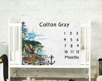 Personalized Fishing Milestone Blanket: Baby Boy Growth Tracker
