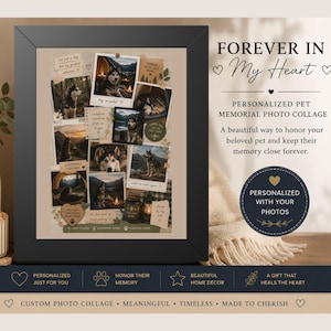 May include: A framed pet memorial photo collage featuring multiple photos of a dog, with text that reads "Forever in My Heart." The collage includes the phrases "Personalized Just For You," "Honor Their Memory," and "Beautiful Home Decor."