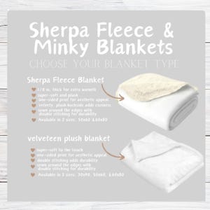 以下が含まれることがあります： Sherpa Fleece & Minky Blankets, Choose Your Blanket Typeというタイトルの製品情報グラフィック。質感のあるクリーム色の裏地が付いた折りたたまれた白いシェルパフリースブランケットと、折りたたまれた白いベルベット調のプラッシュブランケット、およびテキストリストが表示されています。