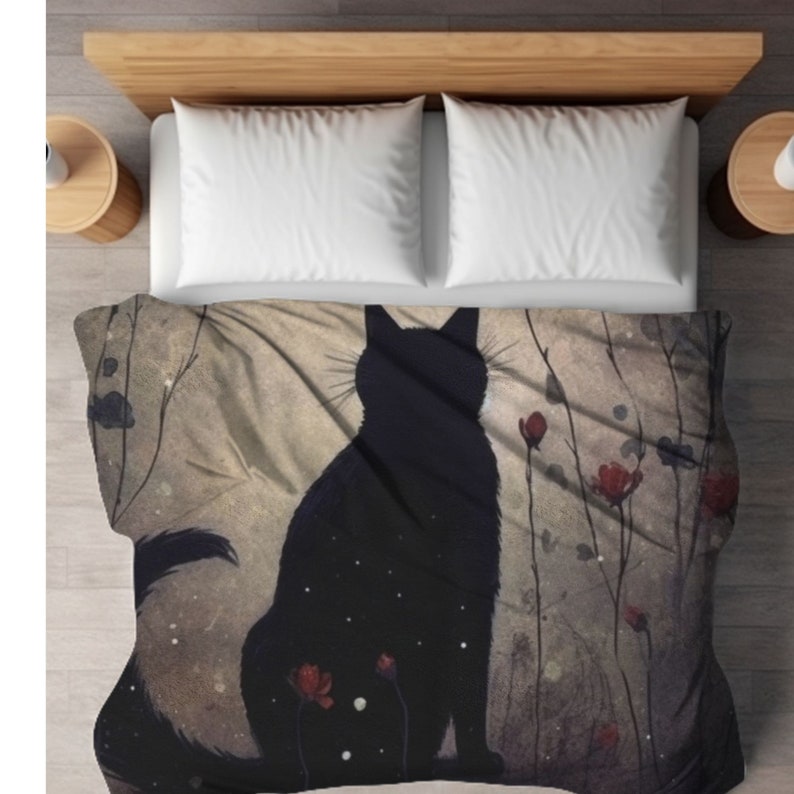 May include: A black cat silhouette with a starry sky effect, sitting in a field of tall grass with red flowers. The cat is facing to the right and has a long tail.