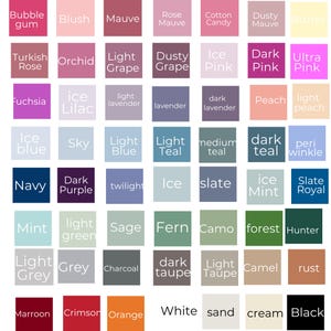May include: A color chart featuring a grid of fifty-six square swatches, each labeled with its corresponding color name in white text. The palette includes various shades of pink, purple, blue, green, grey, brown, red, orange, white, and black.