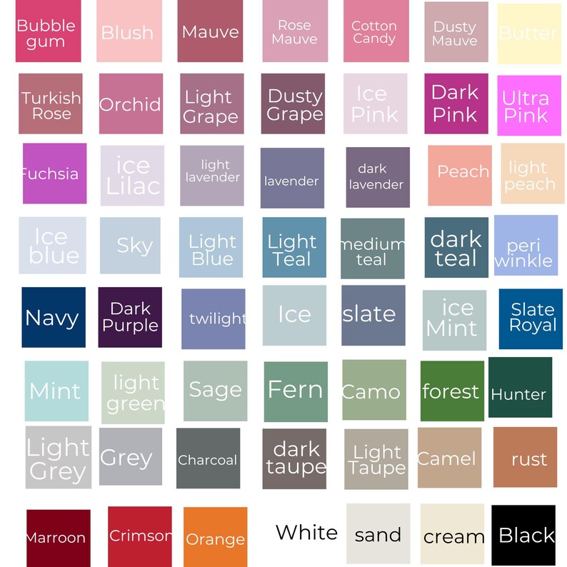 May include: A color chart featuring a grid of fifty-six square swatches, each labeled with its corresponding color name in white text. The palette includes various shades of pink, purple, blue, green, grey, brown, red, orange, white, and black.