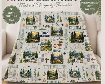 Manta para bebé de sherpa y minky con temática de camping: decoración infantil inspirada en la naturaleza.