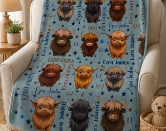 Babydeken met Schotse Hooglandkoe-thema, gepersonaliseerde babydeken, babycadeau, babykamerdeken in boerderijstijl met Schotse Hooglandkoe-thema, babydeken voor een jongen, kraamcadeau
