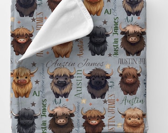 Couverture personnalisée pour bébé Vache des Highlands : Cadeau pour nouveau-né Minky