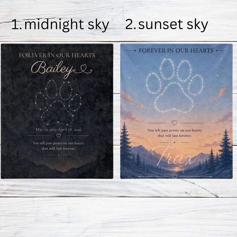 May include: Two memorial art prints with paw print designs. One features a dark background with the name "Bailey" and dates. The other has a sunset sky background with the name "Trax". Both say "Forever in our hearts".