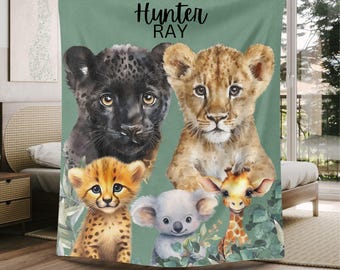 Personalized Safari Baby Blanket: Jungle Animals Nursery Decor