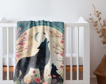 Couverture pour bébé loup : maman et bébé hurlant, décoration de chambre d'enfant