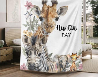 Personalized Safari Baby Blanket: Jungle Animals, Custom Name