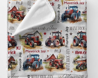 Czerwony kocyk dla dziecka z traktorem: spersonalizowany kocyk z imieniem dla dziecka