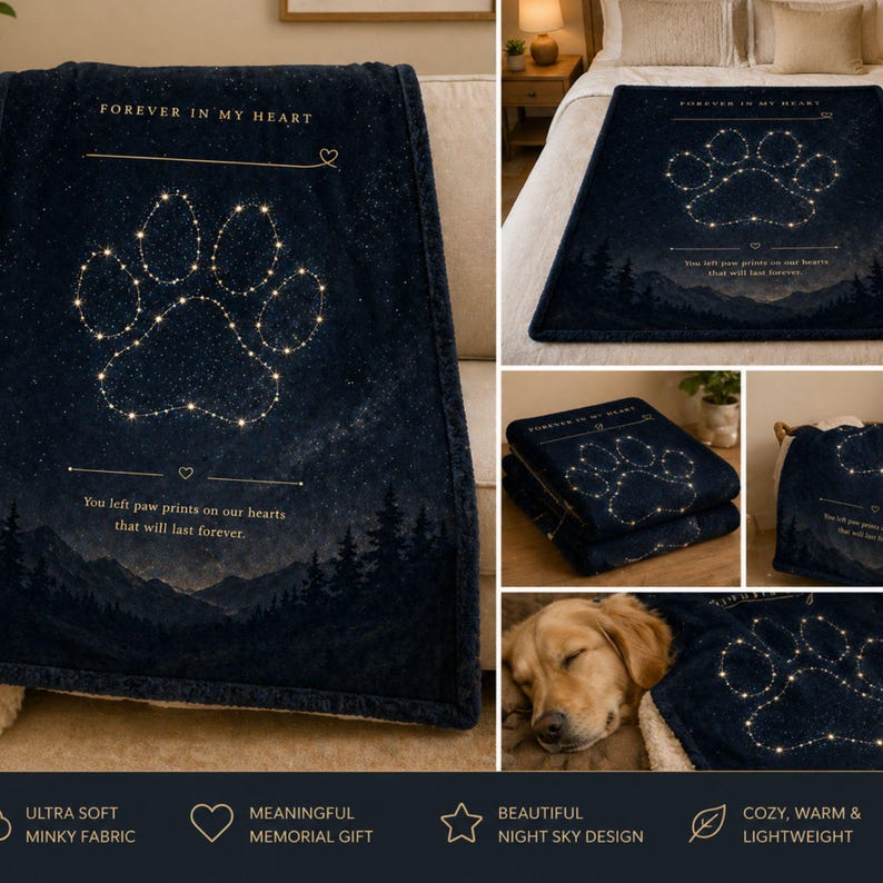 May include: Navy blue blanket with a paw print design made of stars, the text "FOREVER IN MY HEART" and the phrase "You left paw prints on our hearts that will last forever." The blanket has a soft, plush texture.