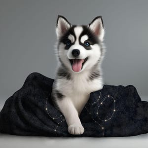 May include: A happy Siberian Husky puppy with blue eyes, black and white fur, and a pink tongue, sits on a black blanket. The blanket has a constellation pattern in gold.