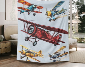 Vintage Airplane Minky Blanket: Aviation Decor Gift