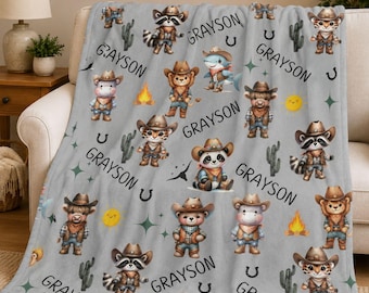 Manta de bebé estilo western personalizada: Animales vaqueros, suave tela minky