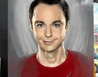 Handmade original oil painting of Jim Parsons as Sheldon Cooper from The Big Bang Theory