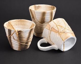 Earthy Kintsugi Cups: Golden Repair, Wabi Sabi Decor