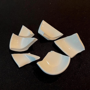 May include: Six individual fragments of white ceramic material with smooth, curved surfaces and sharp, irregular edges. Each piece displays a glossy finish and varying geometric shapes, appearing as broken shards from a larger white object.