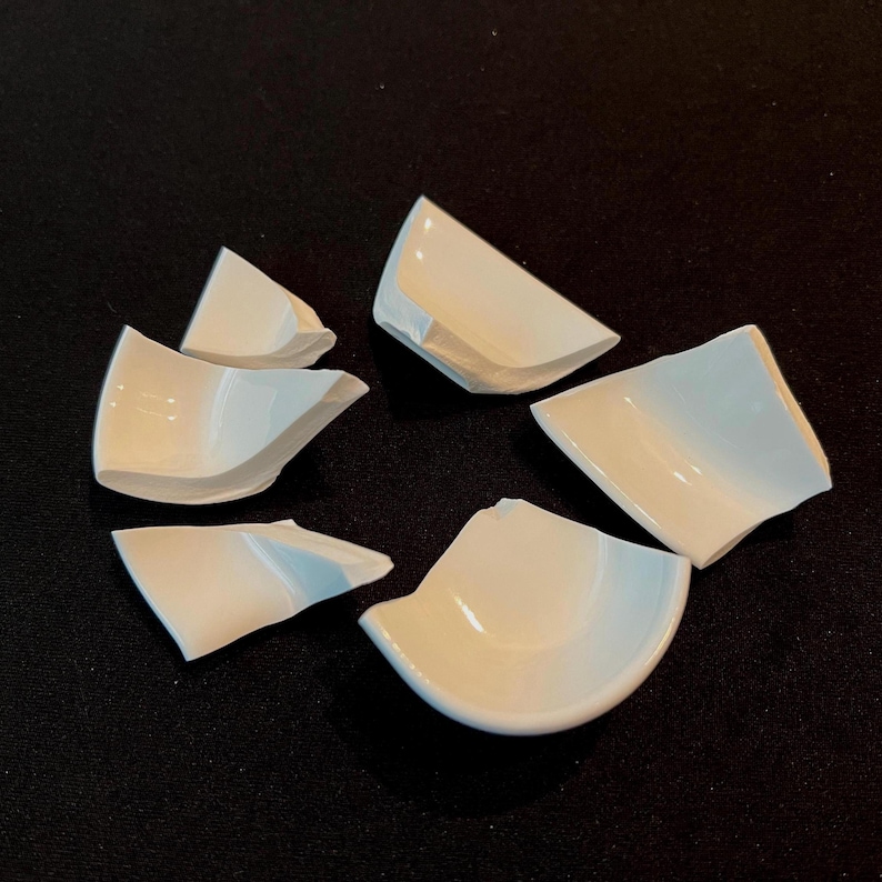 May include: Six individual fragments of white ceramic material with smooth, curved surfaces and sharp, irregular edges. Each piece displays a glossy finish and varying geometric shapes, appearing as broken shards from a larger white object.