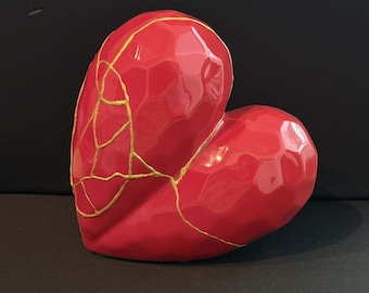 Kintsugi Red Heart Decor - Golden Repair - Gift - Kintsugi Pottery - Broken and Repaired - wabi sabi